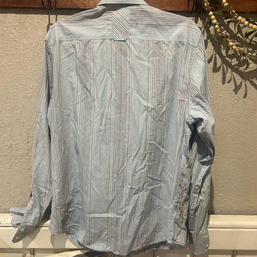 Guess Button Up Shirt Long Sleeve Mens L Blue Striped Embroidered - Picture 6 of 9